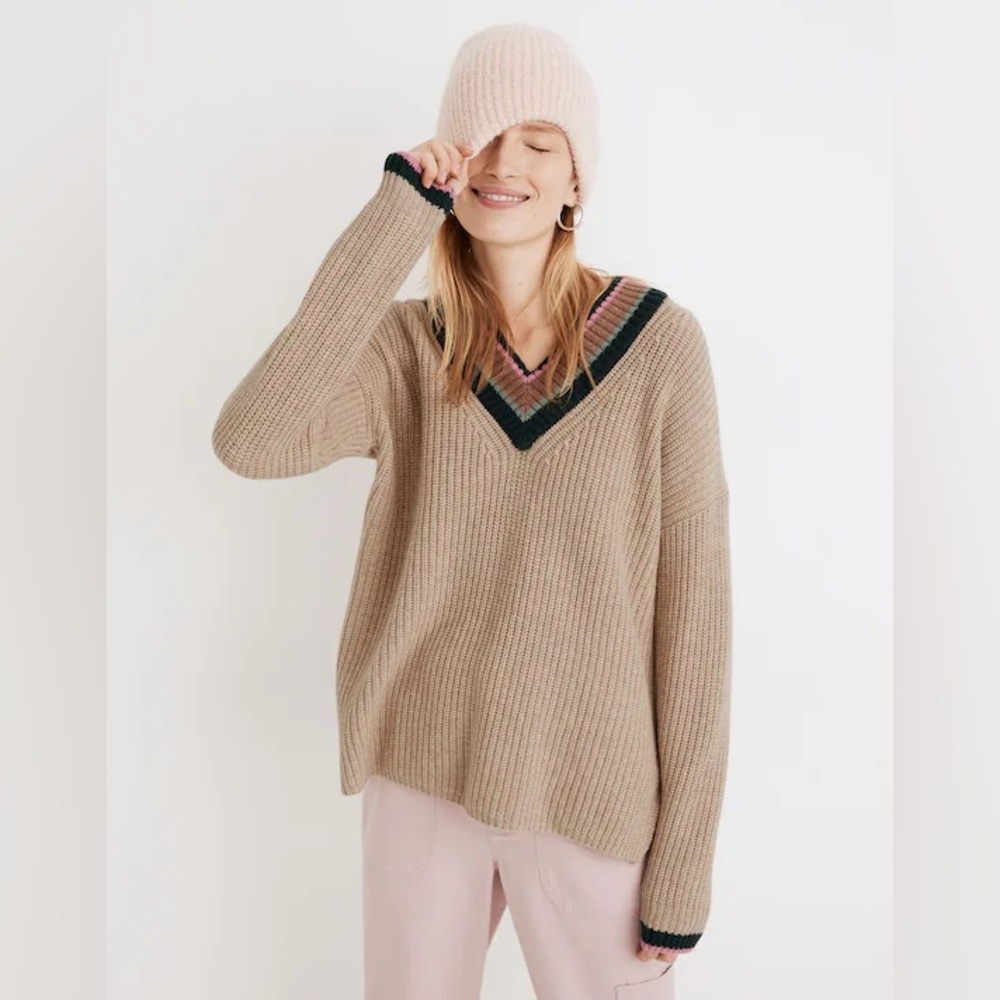 MADEWELL Tipped Forrest V-Neck Sweater Heather Birch Wool Knit Size Medium - Picture 2 of 9